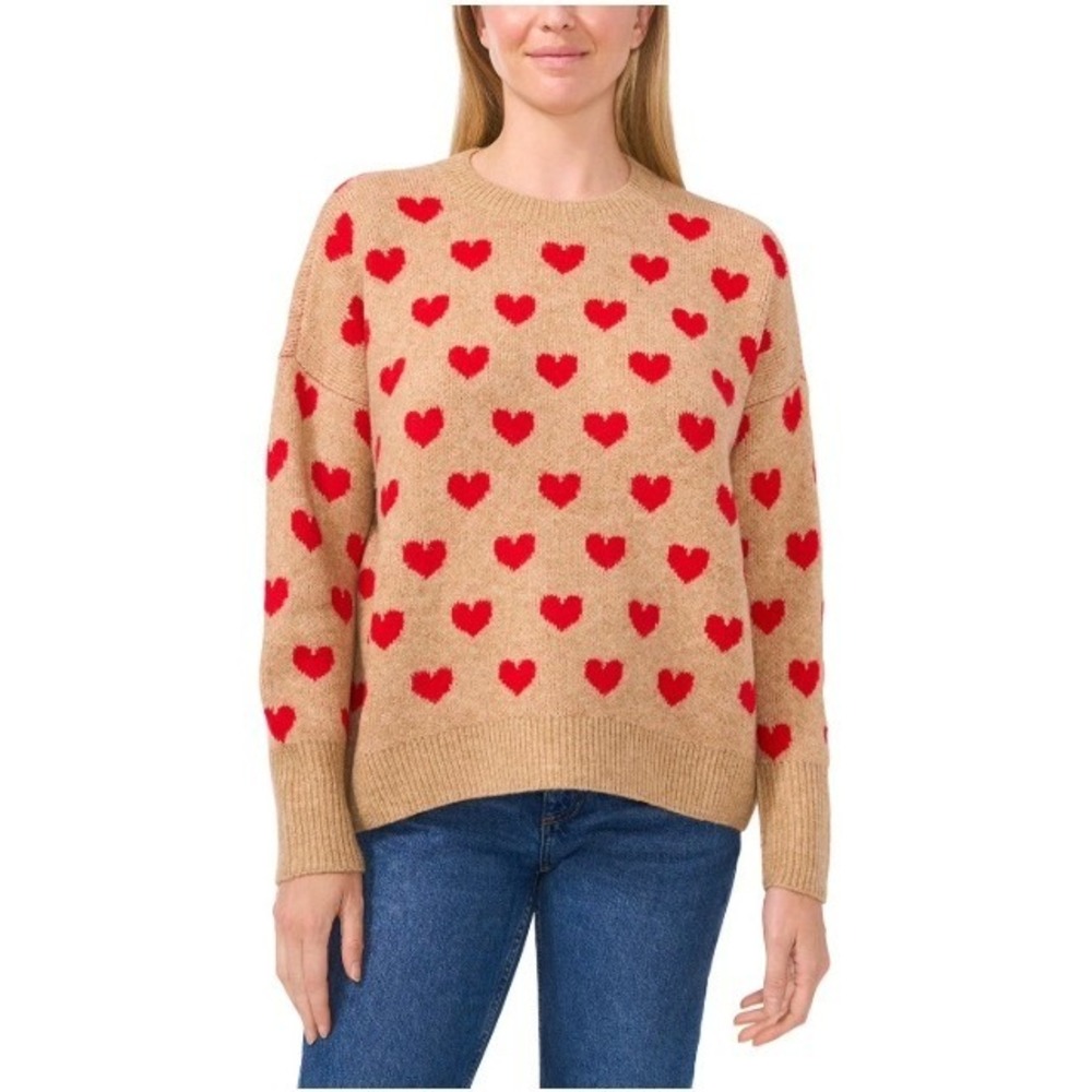 Vince Camuto Womens XL Tan Red Heart Sweater Crewneck Relaxed Fit Designer NEW